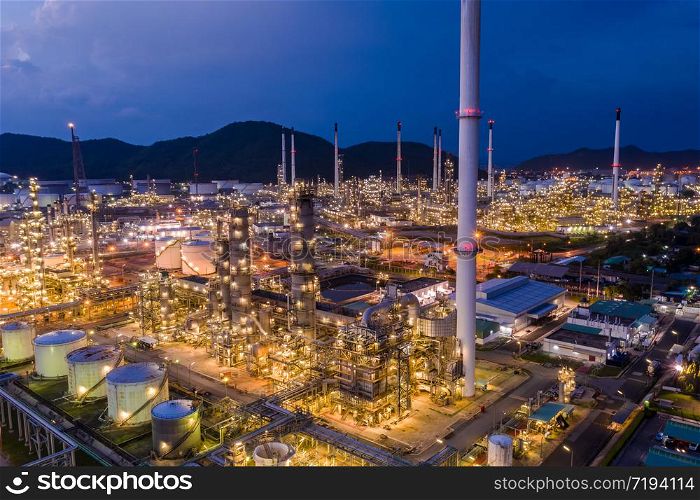 industrial plants refinery product oil and gas in laem chabang Thailand at night aerial view