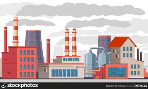 Industrial pollution. Factory with pipes pollutes air and environment with toxic smoke. Smog emissions and chemical waste vector industry construction concept. Industrial pollution. Factory with pipes pollutes air and environment with toxic smoke. Smog emissions and chemical waste vector concept