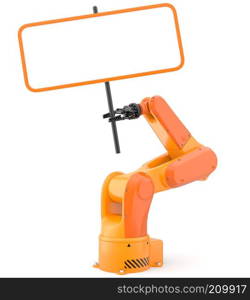 Industrial robot arm with blank sign. 3D illustration. Industrial robot arm with blank sign