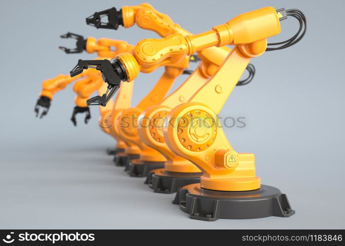 Industrial robot arms in a row. 3D illustration, 3D rendering. Industrial robot arms in a row
