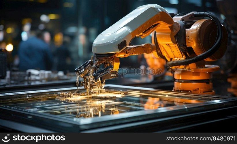 Industrial robot works automatically in smart autonomous factory. Generative AI