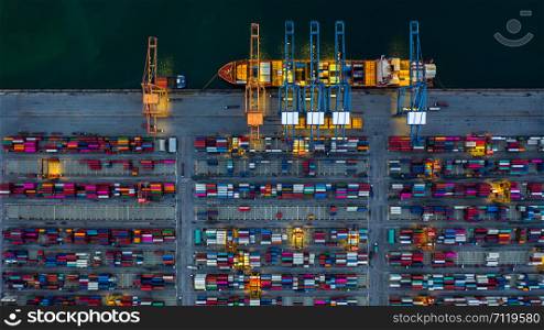 Industrial sea port working at night with container ship working at night, Aerial view container ship loading and unloading at night.