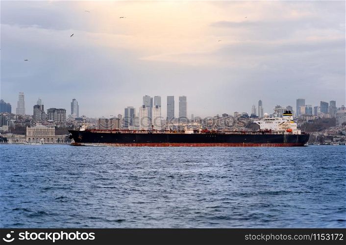 Industrial ship at Bosphorus strait in Istanbul, Turkey