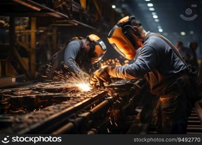 Industrial worker is welding steel products in a factory