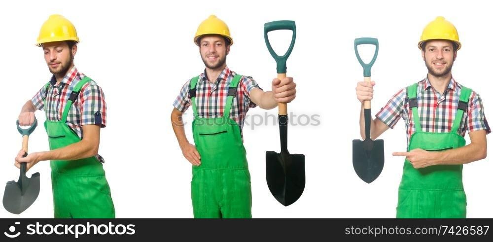 Industrial worker with shovel isolated on white