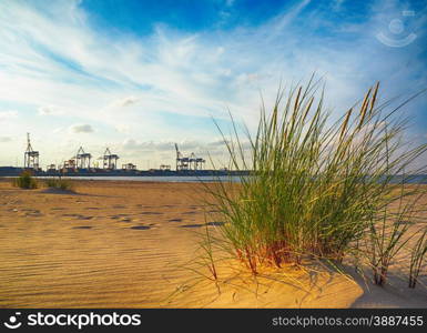 Industry and nature. Baltic sea sand dunes in foreground. Cranes industrial port of Gdansk, Poland in the background