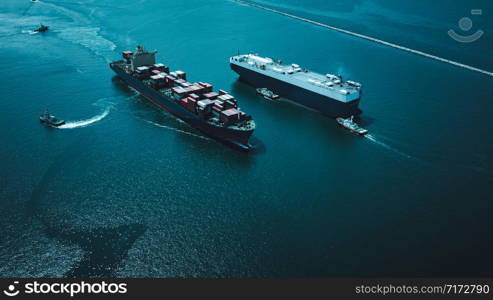 industry business logistics cargo containers ship import export international by the sea camera from drone aerial view and cinematic picture style