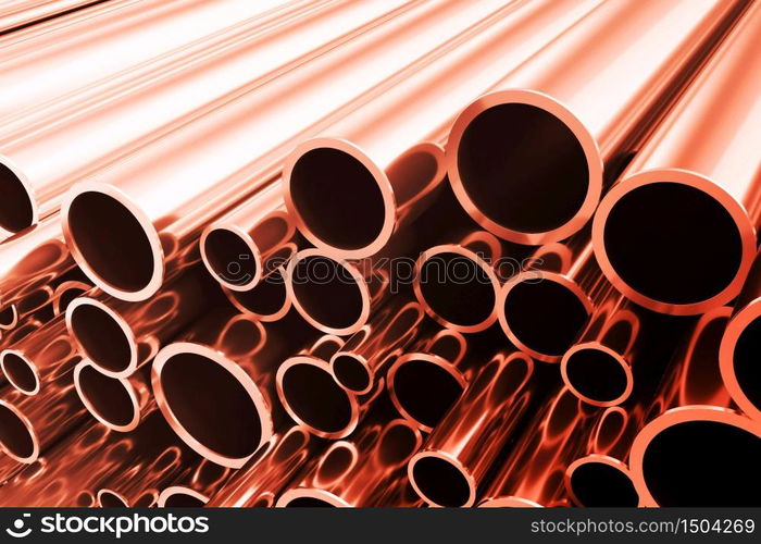 Industry business production and heavy metallurgical industrial products, many shiny steel pipes, industrial background, manufacturing business production concept, copper pipes with selective focus effect, 3D illustration. Industry business production and heavy metallurgical industrial products, many shiny steel pipes, industrial background, manufacturing business production concept, copper pipes with selective focus effect. 3D illustration