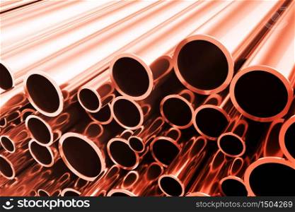 Industry business production and heavy metallurgical industrial products, many shiny steel pipes, industrial background, manufacturing business production concept, copper pipes with selective focus effect, 3D illustration. Industry business production and heavy metallurgical industrial products, many shiny steel pipes, industrial background, manufacturing business production concept, copper pipes with selective focus effect. 3D illustration