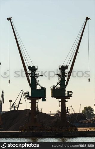 Industry equipment technology cargo commerce transport concept. Cranes in morning harbour. Industrial machines working in port facility. . Cranes in morning harbour.