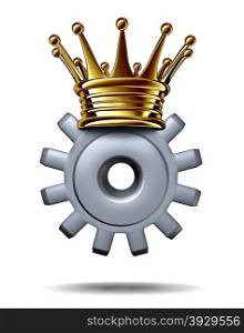 Industry king and leadership solutions business concept as a gear or cog wearing a gold crown as an icon of an accomplished leader of technology innovation and champion of efficient production on a white background.