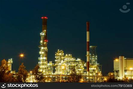 Industry. Night view of the refinery petrochemical plant