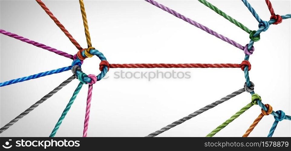Industry partnership and unity or teamwork concept as a small business metaphor for joining a big team as diverse ropes connected together as a corporate symbol for cooperation and working collaboration.