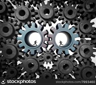 Industry partnership business planning concept as a team of businesspeople running inside a gear or cog wheel working together as a cooperation success metaphor of social economic engine network.