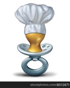 Infant food concept and baby diet symbol as a pacifier object with a chef hat on a white background as an icon for early childhood eating ideas.