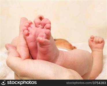 Infant laying on its back with feet held by parent