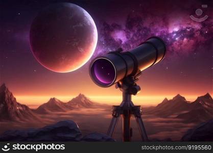 Infinite space background with silhouette of telescope. Neural network AI generated art. Infinite space background with silhouette of telescope. Neural network AI generated