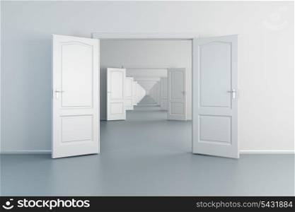 infinity empty white rooms with opened doors