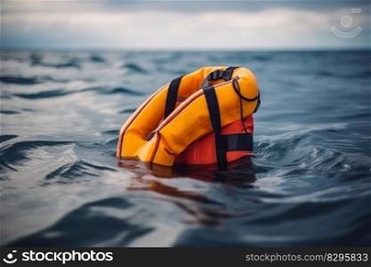 inflatable life jacket, safety in open water at sea ocean generative ai.