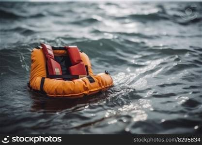 inflatable life jacket, safety in open water at sea ocean generative ai.