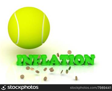INFLATION- bright green letters, tennis ball, gold money on white background