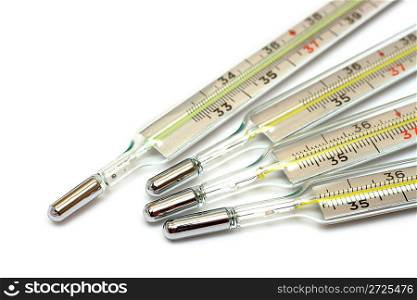 influenza epidemic concept - group of medicine thermometers