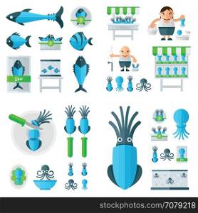 infographic Squid And Sea Food Set blue, green color