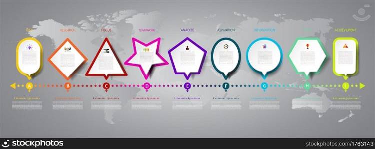 Infographics design form triangle, square,circle,rectangle, hexagon on world map with icon and 9 options for business concept. Blank space for presentation content, diagram,template, timeline,element