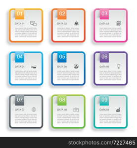 Infographics rectangle paper index with 9 data template. Vector illustration abstract background. Can be used for workflow layout, business step, banner, web design.