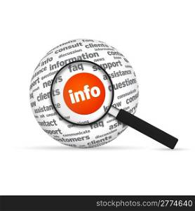 Information 3d Word Sphere with magnifying glass on white background.