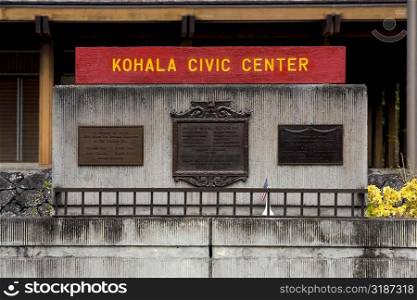 Information board on a building, Kohala Civic Center, Kapaau, Big Island, Hawaii Islands, USA