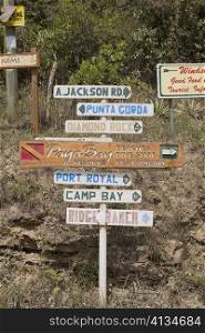 Information boards on a pole, Roatan, Bay Islands, Honduras