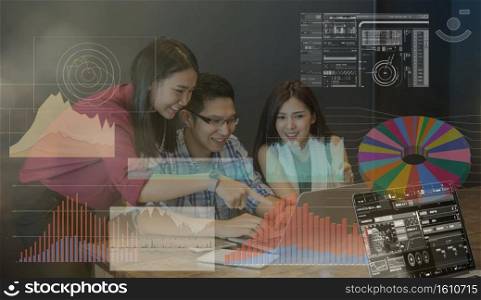 Information graph over the Group Of Asian Business people with casual suit brainstrom Meeting with technology equipment In the modern coffee shop, business group concept