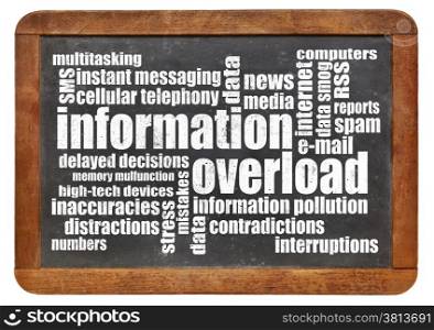 information overload concept - word cloud on a vintage slate blackboard