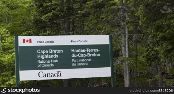Information sign in park, Cabot Trail, Cape Breton Highlands National Park, Cape Breton Island, Nova Scotia, Canada
