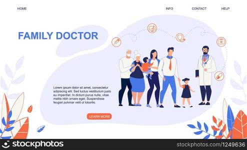 Informative Flyer Family Doctor Lettering Cartoon. Successful State Family Medicine Program. Group People at Doctors Office. Family Medicine Specialist Meets Patients. Vector Illustration.