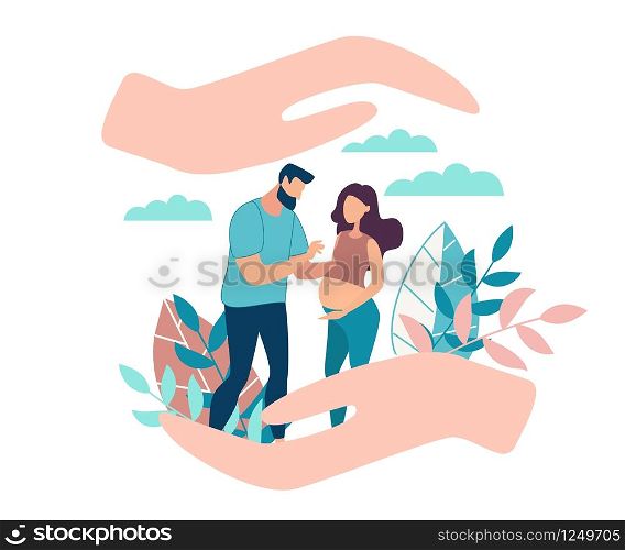 Informative Flyer Female Reproductive Health. Banner Family is in Caring Hands. Future Father Shows Future Mother Document. Pregnant Wife and Husband Stand in Park. Vector Illustration.