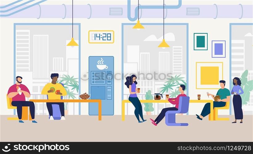 Informative Flyer Office Staff Lunch Room Flat. Thoughtful Office Layout. Men and Women Sit in Dining Room at Office and Eat Different Dishes During Lunch Cartoon. Vector Illustration.