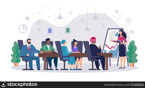 Informative Poster Shareholders Meeting Cartoon. Banner Men and Women Listen to Progress Report and Results in Meeting Room. People make Notes in Meeting at Office. Vector Illustration.