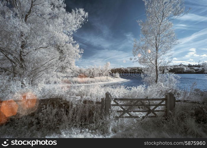 Infrared landscape of lake in English countryside in Summer with surreal colors