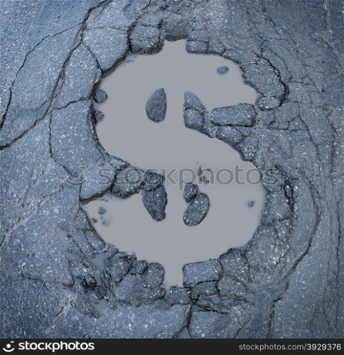 Infrastructure costs and road construction and repair budget as a business symbol of the expenses of fixing urban highways as an old asphalt street damaged with apothole in the shape of a dollar sign.