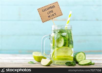 infused detox water with cucumber, lime and mint for diet healthy eating and weight loss with space for a text