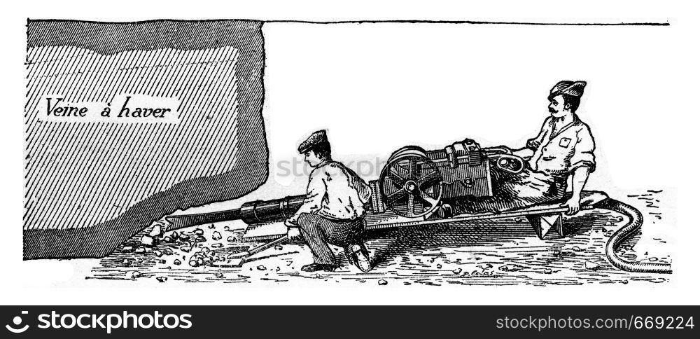 Ingersoll Sergeant cutter driven by compressed air, vintage engraved illustration. Industrial encyclopedia E.-O. Lami - 1875.