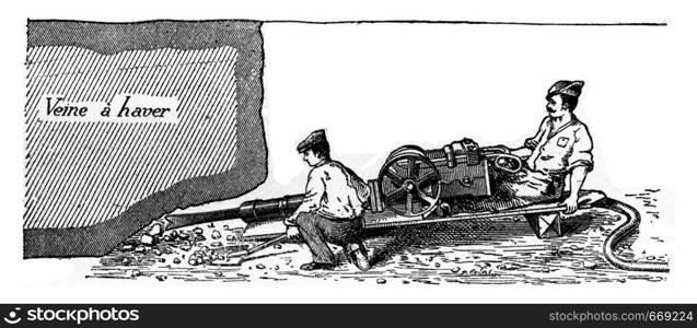 Ingersoll Sergeant cutter driven by compressed air, vintage engraved illustration. Industrial encyclopedia E.-O. Lami - 1875.