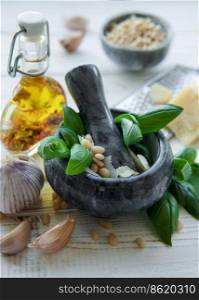Ingredient for pesto sauce - Fresh Basil, Pine Nuts, Olive Oil and Cheese
