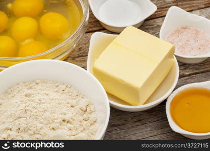 ingredients for baking gluten free coconut bread: eggs, coconut flour, butter, honey,salt,baking powder