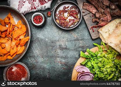 Ingredients for Burger or Sandwich making: roasted meat, vegetables and sweet potatoes. Rustic background, frame, top view. Fast food concept.