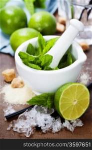 Ingredients for Caipirinha, Mojito Cocktails and other drinks