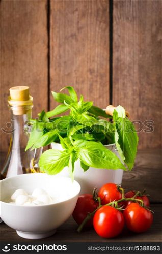 Ingredients for caprese salad over wooden wall, italian food
