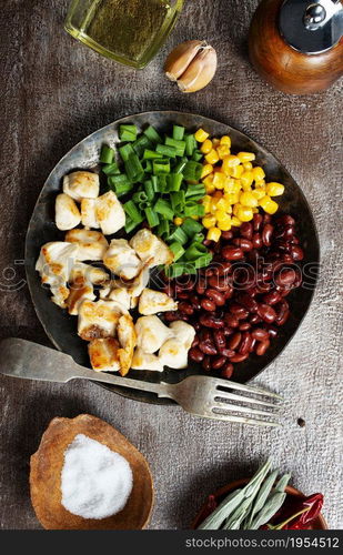 ingredients for chilli corn carne: bean, corn, other vegetables